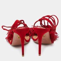 Pre Owned Aquazzura Red Fringed Suede Wild Thing Ankle Wrap Sandals Size 36