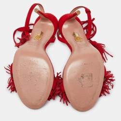 Pre Owned Aquazzura Red Fringed Suede Wild Thing Ankle Wrap Sandals Size 36