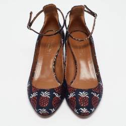 Pre Owned Aquazzura Multicolor Brocade Fabric Block Heel Ankle Strap Pumps Size 39