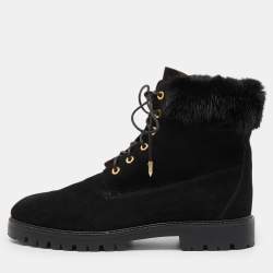 Aquazzura Black Suede and Fur Ankle Boots Size 40