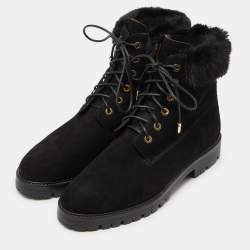 Aquazzura Black Suede and Fur Ankle Boots Size 40