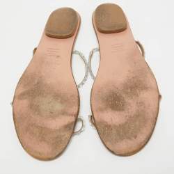 Pre Owned Aquazzura Sliver Crystal Embellished Leather Strappy Flats Size 41