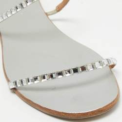Pre Owned Aquazzura Sliver Crystal Embellished Leather Strappy Flats Size 41