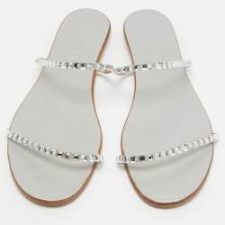 Pre Owned Aquazzura Sliver Crystal Embellished Leather Strappy Flats Size 41