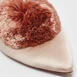 Pre Owned Aquazzura Pink Satin Pom-Pom Embellishments Pointed Toe Flat Mules Size 41