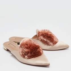 Pre Owned Aquazzura Pink Satin Pom-Pom Embellishments Pointed Toe Flat Mules Size 41