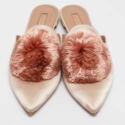 Pre Owned Aquazzura Pink Satin Pom-Pom Embellishments Pointed Toe Flat Mules Size 41