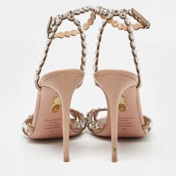 Pre Owned Aquazzura Beige Leather Crystal Embellished Ankle Strap Sandals Size 39