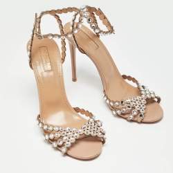Pre Owned Aquazzura Beige Leather Crystal Embellished Ankle Strap Sandals Size 39