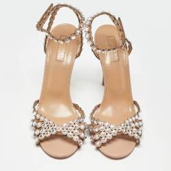 Pre Owned Aquazzura Beige Leather Crystal Embellished Ankle Strap Sandals Size 39
