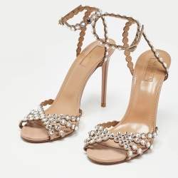 Pre Owned Aquazzura Beige Leather Crystal Embellished Ankle Strap Sandals Size 39