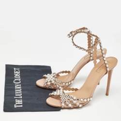 Pre Owned Aquazzura Beige Leather Crystal Embellished Ankle Strap Sandals Size 39