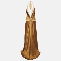 Arcina Ori Brown Satin Devora Halter Neck Maxi Dress S