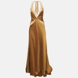 Arcina Ori Brown Satin Devora Halter Neck Maxi Dress S