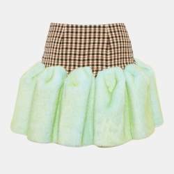 AREA Brown/Green aux Fur Trim Wool Godet Mini Skirt S