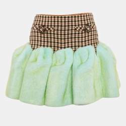 AREA Brown/Green aux Fur Trim Wool Godet Mini Skirt S
