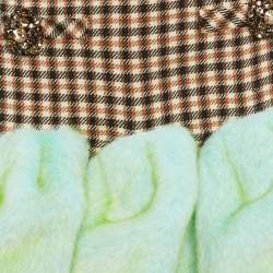 AREA Brown/Green aux Fur Trim Wool Godet Mini Skirt S