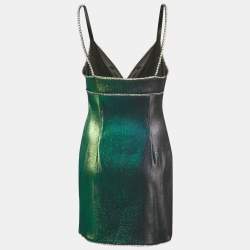 AREA  Metallic Green Lamé Crystal Embellished Strappy Mini Dress L