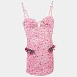 Pre Owned Area Pink/Blue Wool Tweed Embellished Detail Mini Dress XS 