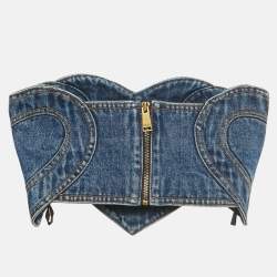 Pre Owned Area Blue Heart Motif Patchwork Denim Bandeau Top XS