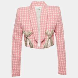 مملوكة مسبقًا AREA Pink Houndstooth Crystal Embellished Bow Slit Cropped Blazer M