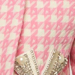 Pre Owned AREA Pink Houndstooth Crystal Embellished Bow Slit Cropped Blazer M
