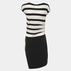 Pre Owned Armani Collezioni Dark Navy/White Stripe Stretch Knit Sleeveless Midi Dress M
