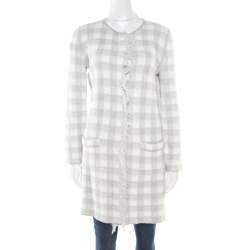 Armani Collezioni Grey and White Checked Fringed Trim Long Cardigan M