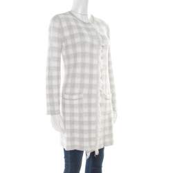 Armani Collezioni Grey and White Checked Fringed Trim Long Cardigan M