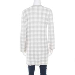 Armani Collezioni Grey and White Checked Fringed Trim Long Cardigan M