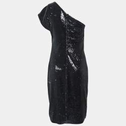 Pre Owned Armani Collezioni Black Sequined Bow Detail One-Shoulder Dress M
