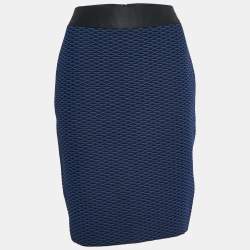 Pre Owned Armani Collezioni Blue/Black Jacquard Knee Length Skirt M