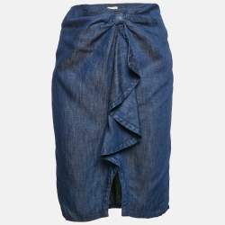 Armani Collezioni Blue Denim Ruffled Midi Skirt S