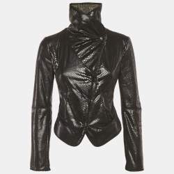 Pre Owned Armani Collezioni Black Faux Leather and Faux Fur Biker Jacket S