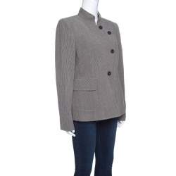 Pre Owned Armani Collezioni Beige and Brown Textured Wool Mandarin Collar Blazer L