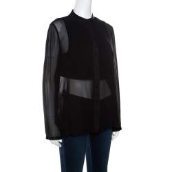 Pre Owned Armani Collezioni Black Silk Satin Trim Detail Long Sleeve Blouse M