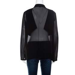 Pre Owned Armani Collezioni Black Silk Satin Trim Detail Long Sleeve Blouse M