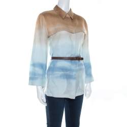 مملوكة مسبقًا Armani Collezioni Beige Blue Shaded Linen Shirt M