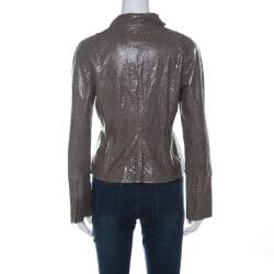 مملوكة مسبقًا Armani Collezioni Grey-Green Leopard Embossed Lambskin Zip Up Cowl Neck Jacket M
