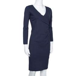 Pre Owned Armani Collezioni Midnight Blue Knit Gathered Fitted Dress S