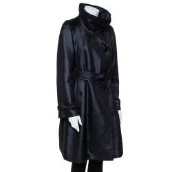 Pre Owned معطف طويل أرماني كوليزوني حزام صوف أسود ميتاليك مقاس وسط (ميديوم)