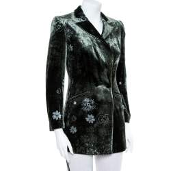 Pre Owned جاكيت أرماني كوليزوني طويل صدرية مزدوجة قطيفة أخضر داكن مقاس صغير (سمول)