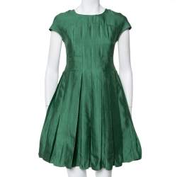 Pre Owned Armani Collezioni Green Cotton Silk Box Pleated Short Dress S