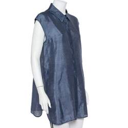 Pre Owned قميص أرماني كوليزوني طويل بلا أكمام حرير و كتان مخطط أزرق كحلي مقاس وسط (ميديوم)