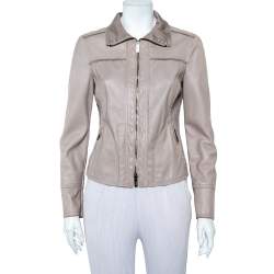 Armani Collezioni Beige Leather Zip Front Jacket M Armani