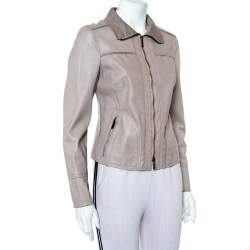 Pre Owned Armani Collezioni Beige Leather Zip Front Jacket M