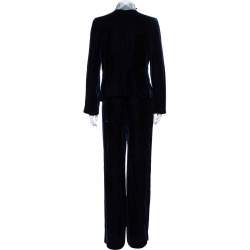 Pre Owned Armani Collezioni Midnight Blue Velvet Embellished Mesh Collar Blazer & Wide Leg Pants L