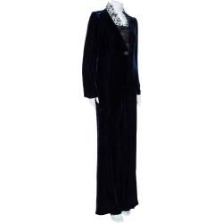 Pre Owned Armani Collezioni Midnight Blue Velvet Embellished Mesh Collar Blazer & Wide Leg Pants L