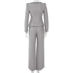Pre Owned Armani Collezioni Grey Crepe Bow Detail Collarless Jacket & Straight Leg Trousers S