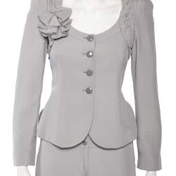 Pre Owned Armani Collezioni Grey Crepe Bow Detail Collarless Jacket & Straight Leg Trousers S